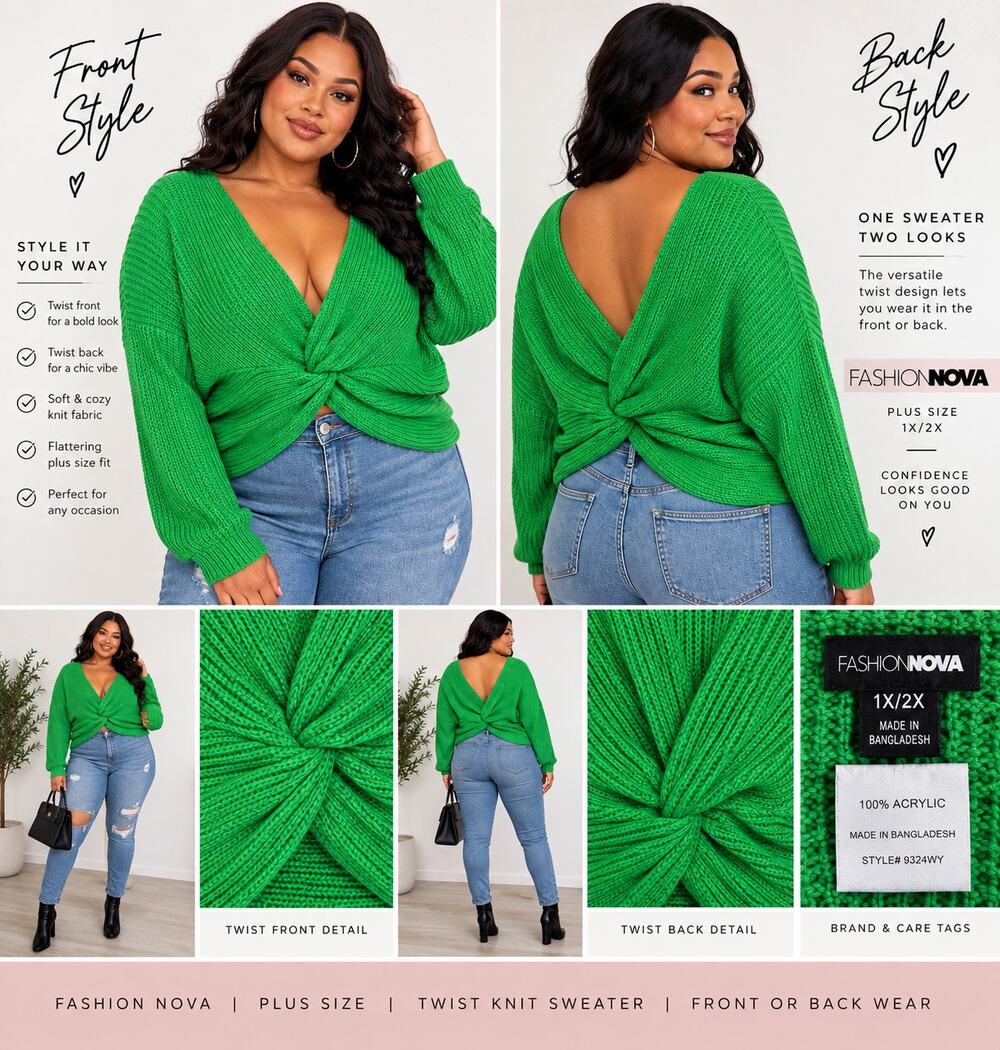 Fashion Nova Womens 1X 2X Green Twist Front Knit Sweater NWT Plus Size